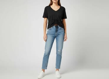 czarne t shirty w serek damskie: Reserved, T-shirt damski, rozmiar M — 6