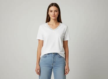 białe t shirty z dekoltem v: T-shirt damski, rozmiar L — 1