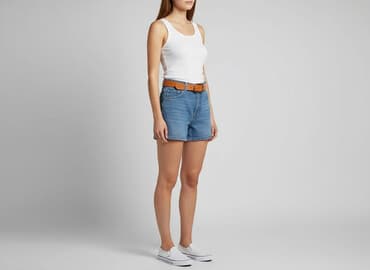 krótkie spodenki przed kolano jeansowe damskie: Denim, Szorty damskie, rozmiar L — 5