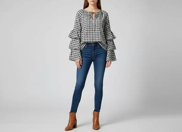 bluzka w kratę czarno biala: SZACHOWNICA, Bluzka damska, rozmiar L — 1