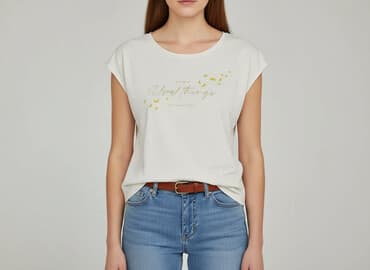 biały t shirt ze złotym nadrukiem: Reserved, T-shirt damski, rozmiar S — 6