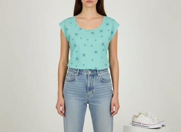 bluzki z krótkim rękawem plus size: T-shirt damski, rozmiar M — 1