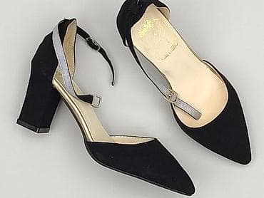 klapki krowy: Czółenka damskie na słupku, rozmiar 34. - Kolor: czarny z detalami w — 1