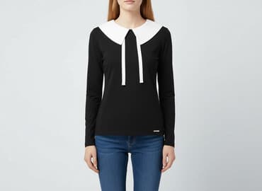 biała bluzka z czarną tasiemką: Bluzka damska, rozmiar S — 1