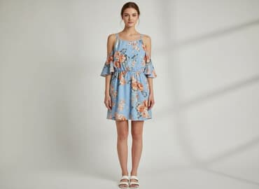 niebieska sukienka w kwiaty na wesele: Sukienka damska, rozmiar S — 1