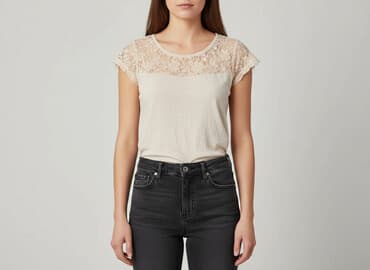 beżowe buty na koturnie ccc: Bluzka damska, S — 7