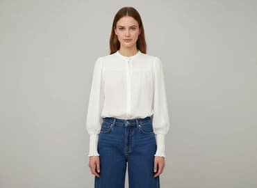 biała bluzka ze stójką damska: Bluzka damska, rozmiar M — 7
