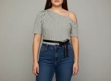 biała bluzka w czarne paski: Stella, Women's blouse, size XL — 1