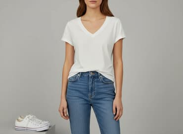 białe t shirty z dekoltem v: Zara, T-shirt damski, rozmiar S — 1